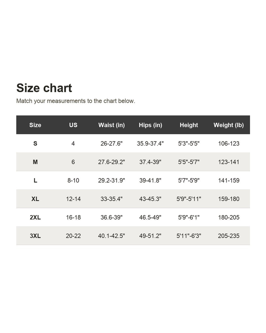 Pomence™ 3D Textured Anti-Cellulite Leggings. Size chart