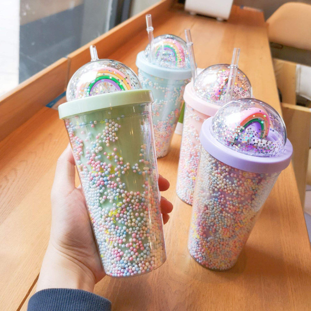 Rainbow Sparkle Tumbler, Double-Wall Glitter Sipper Cup with Straw