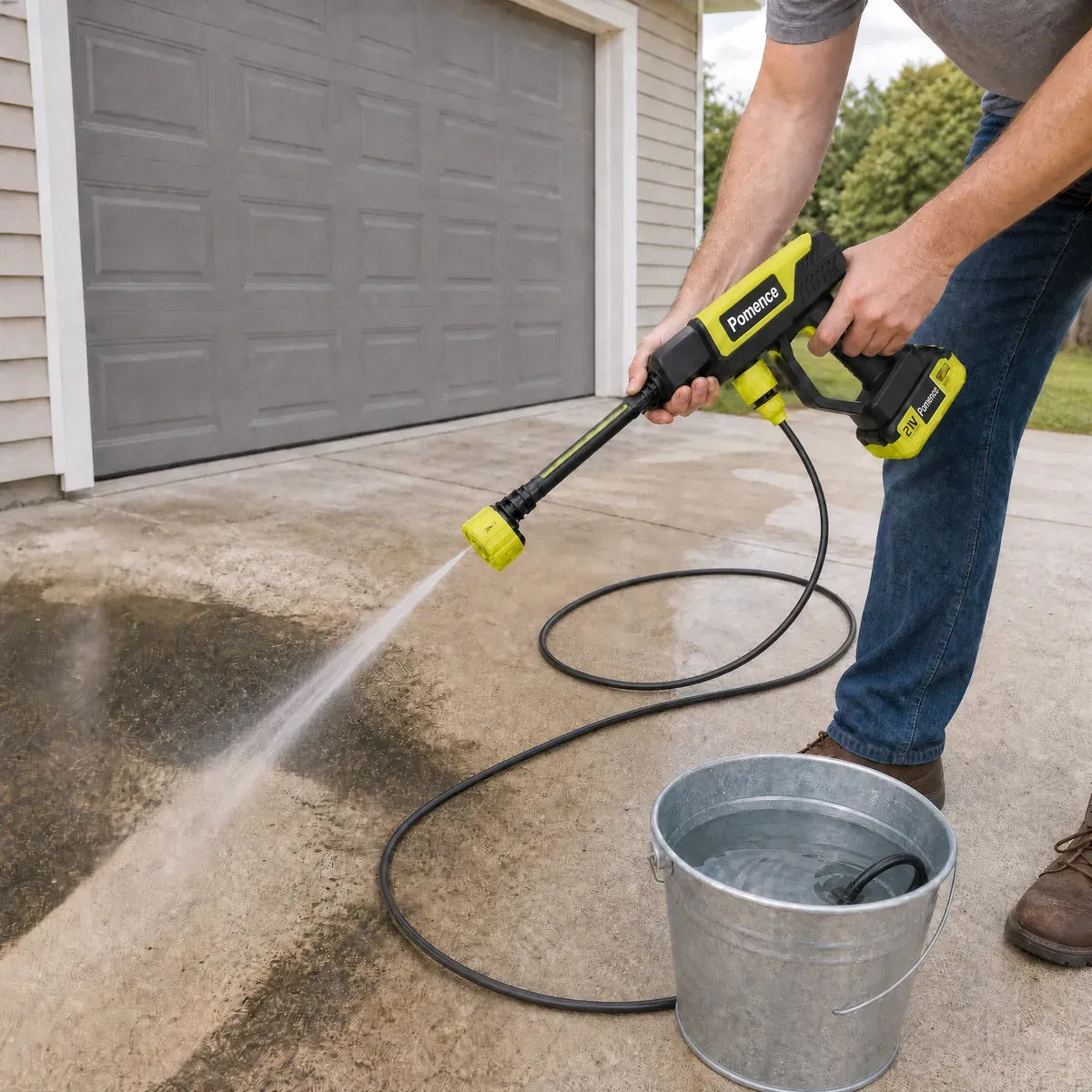 Pomence washer drawing water from a bucket on a driveway