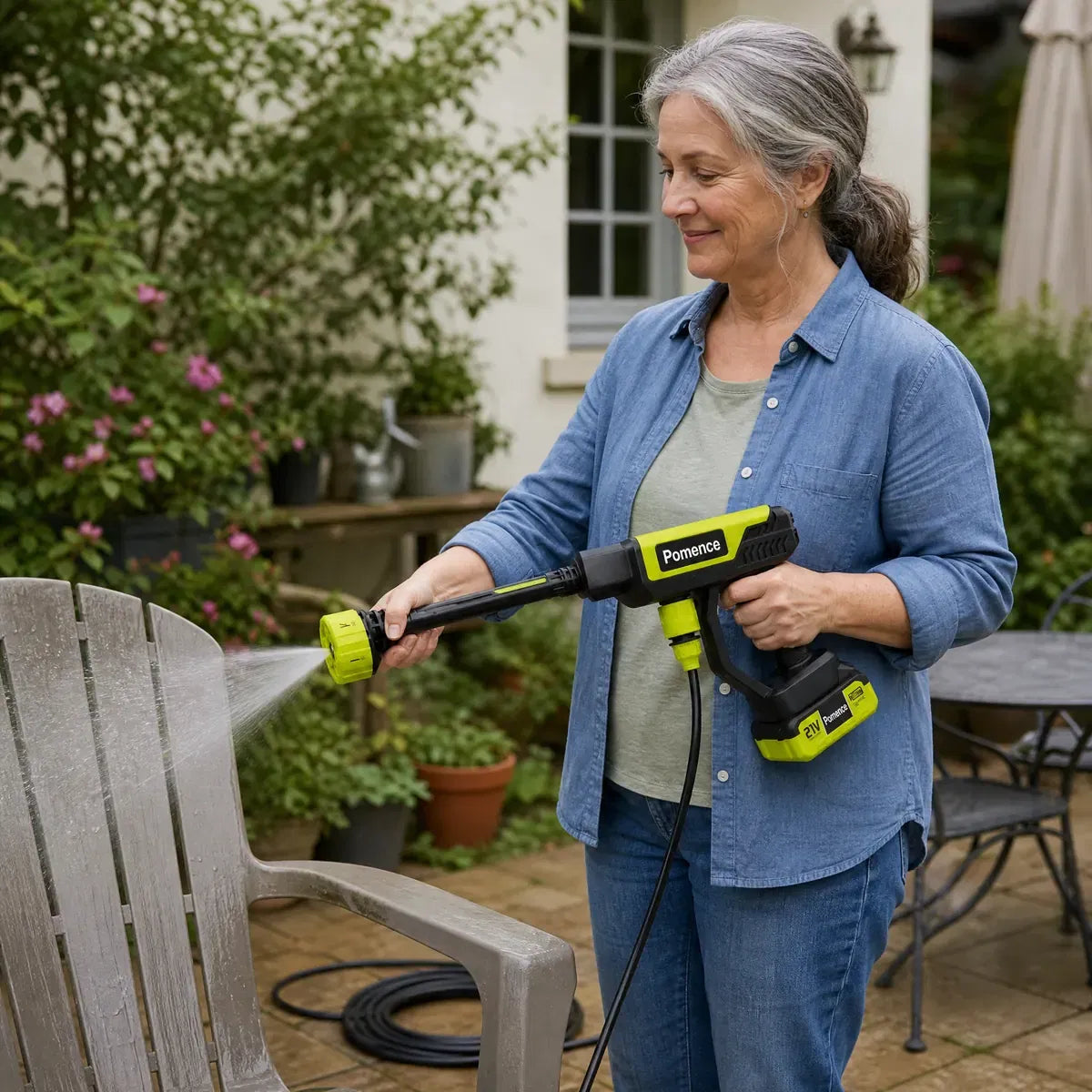 Woman using Pomence pressure washer one-handed on patio furniture