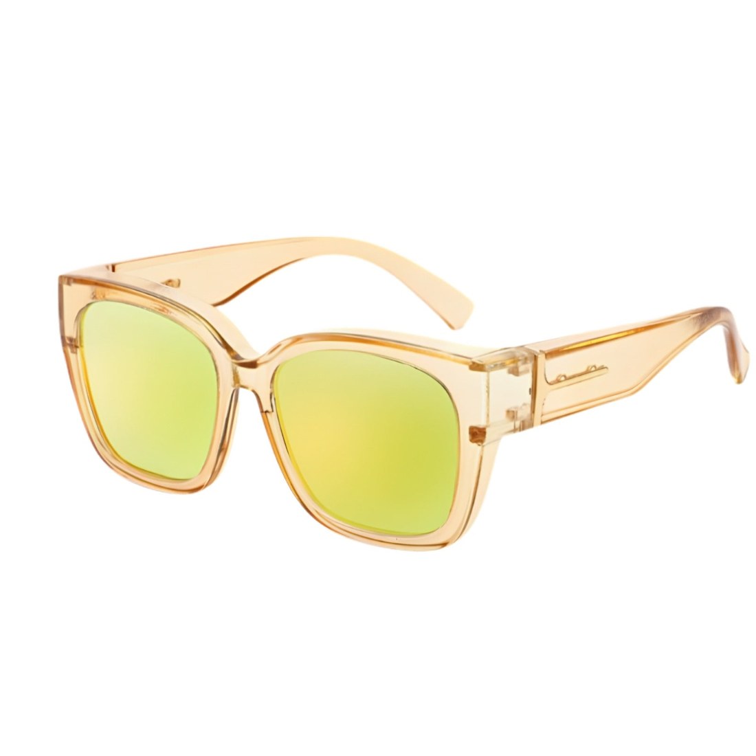 Pomence Fit-Over Sunglasses in the Sunny (Mirrored) colorway, an oversized square frame built to sit over prescription glasses