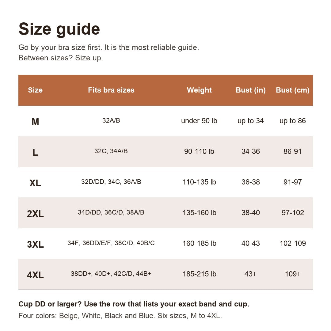 Pomence Front-Support Bra Tank size guide: fits bra sizes, weight and bust for sizes M to 4XL