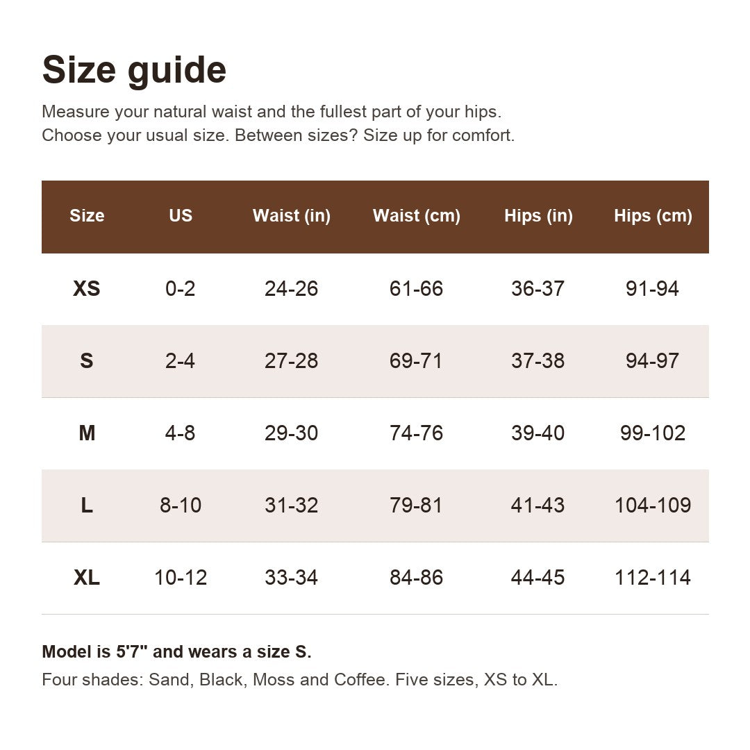 Pomence Invisible No-Show Thong size guide, XS to XL, waist and hips in inches and centimeters