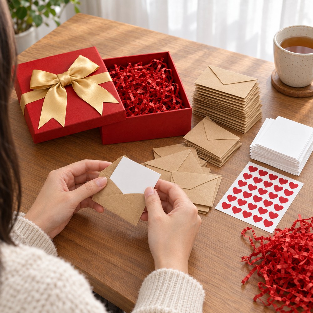 The Pomence Love Notes Gift Box open on a table with envelopes, blank notes and the heart sticker sheet laid out