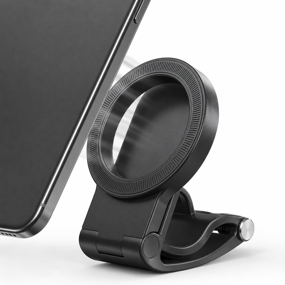 Pomence™ Magnetic Car Phone Mount. Macro of a phone approaching the magnetic ring, strong magnetic hold