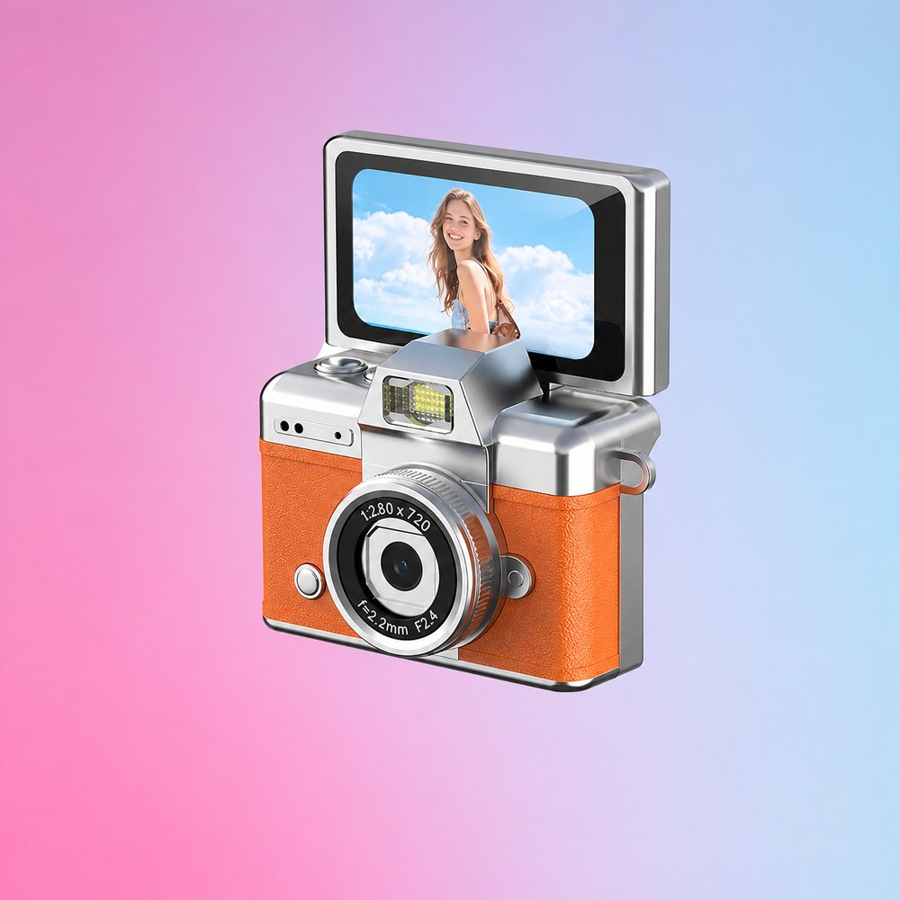 The orange Pomence Mini Keychain Camera with its screen flipped up
