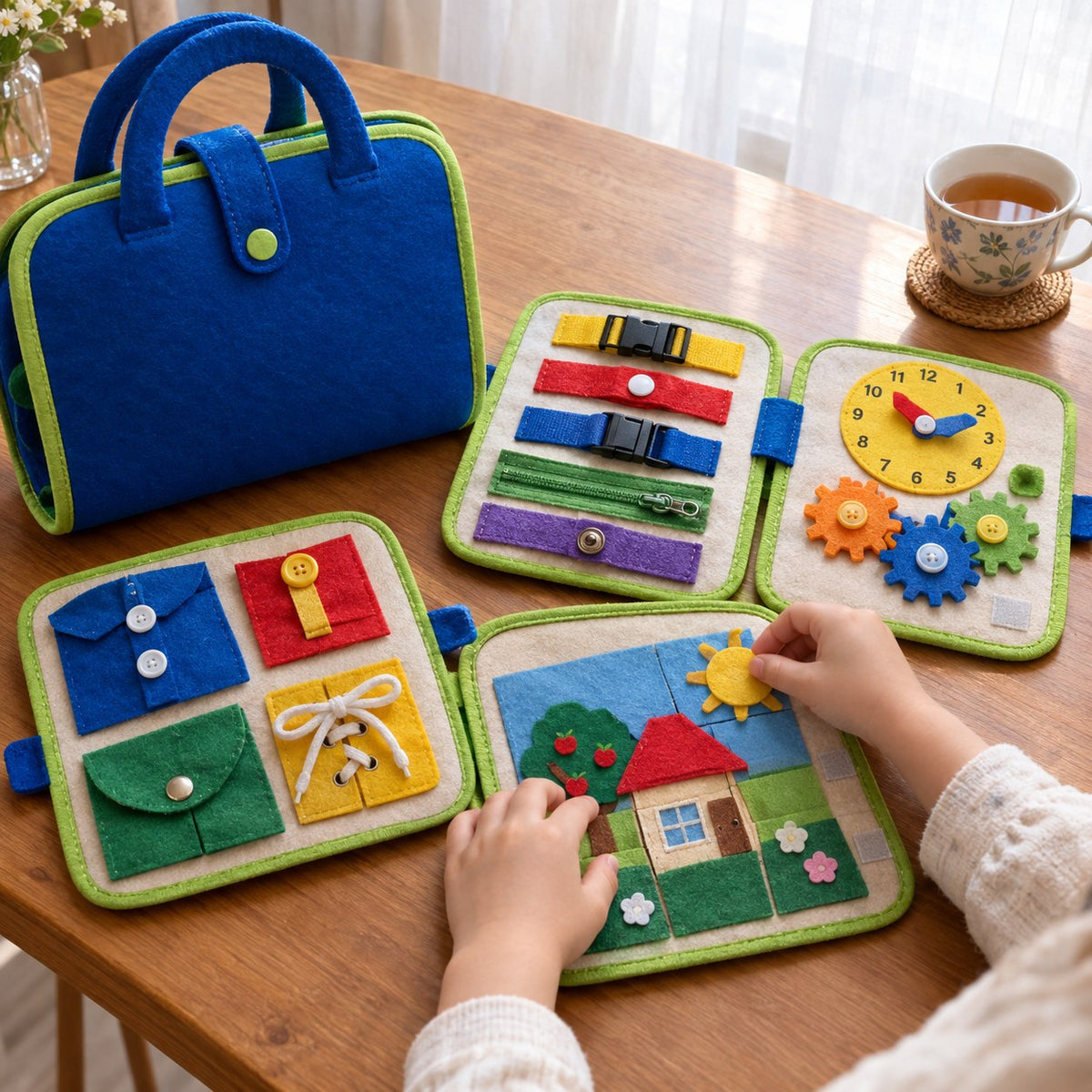 Over-the-shoulder view of a small pair of hands at a wooden table working one of the four detachable felt pages of the Pomence Montessori Busy Board, the other three laid open beside it with a learning clock, turning gears and a velcro picture puzzle