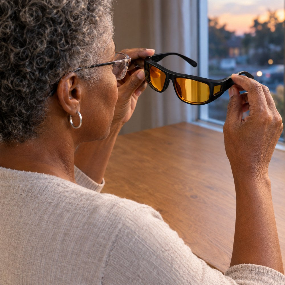 A woman at a table holding the Pomence Night Driving Glasses, about to put them on