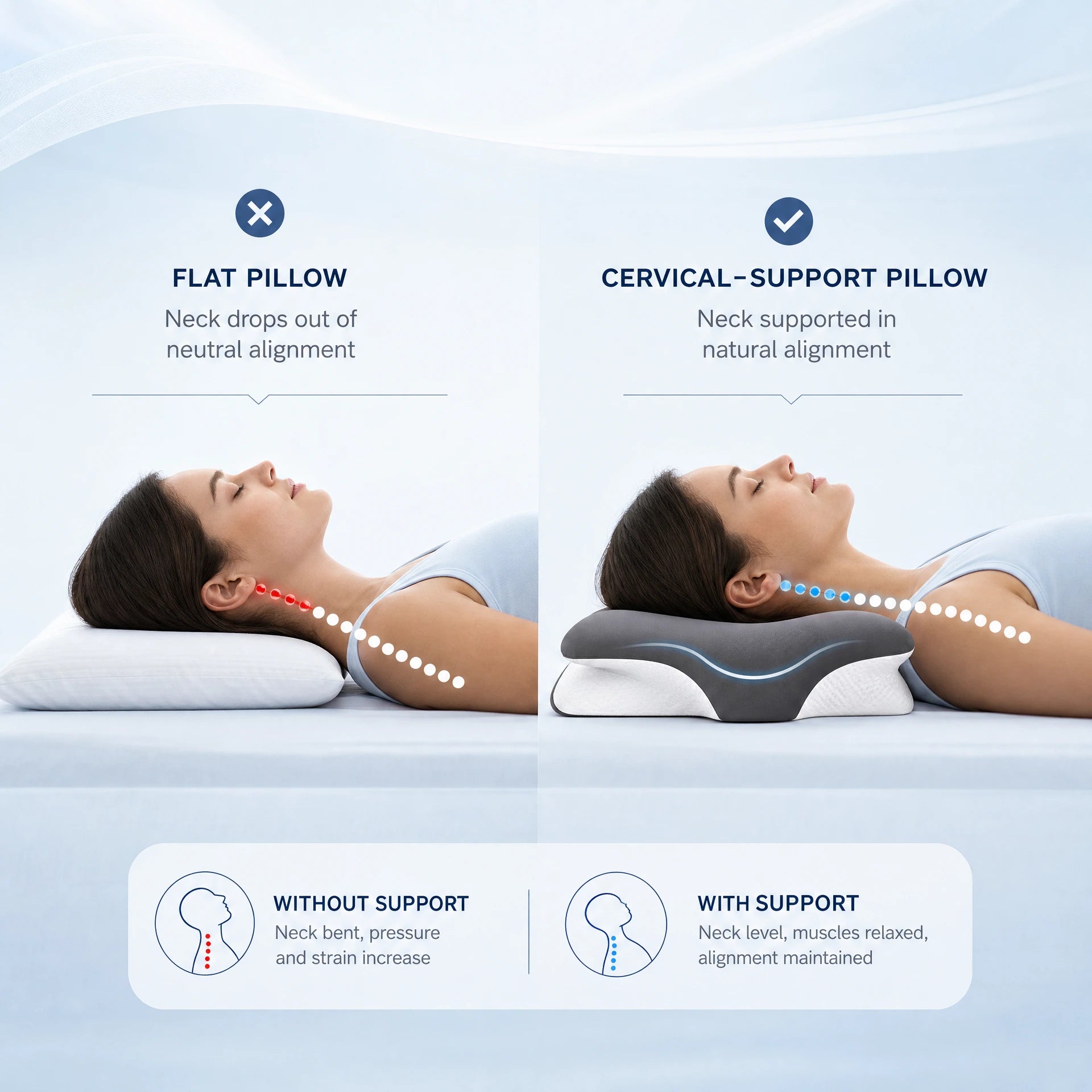 Spine line on a flat standard pillow bending downward compared with the Pomence Memory Neck Pillow holding the neck level