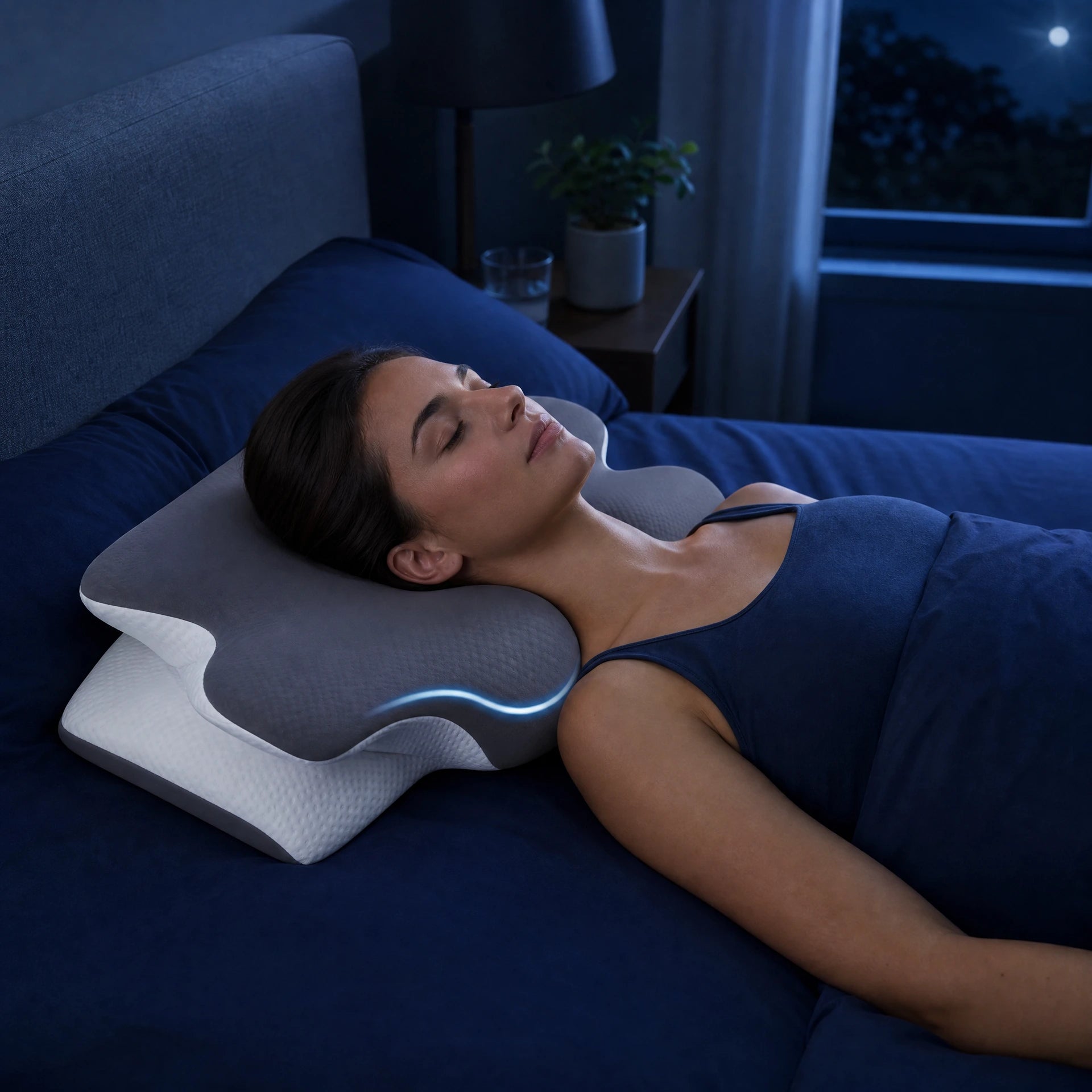 Pomence Memory Neck Pillow resting on a soft bed under a calm night sky