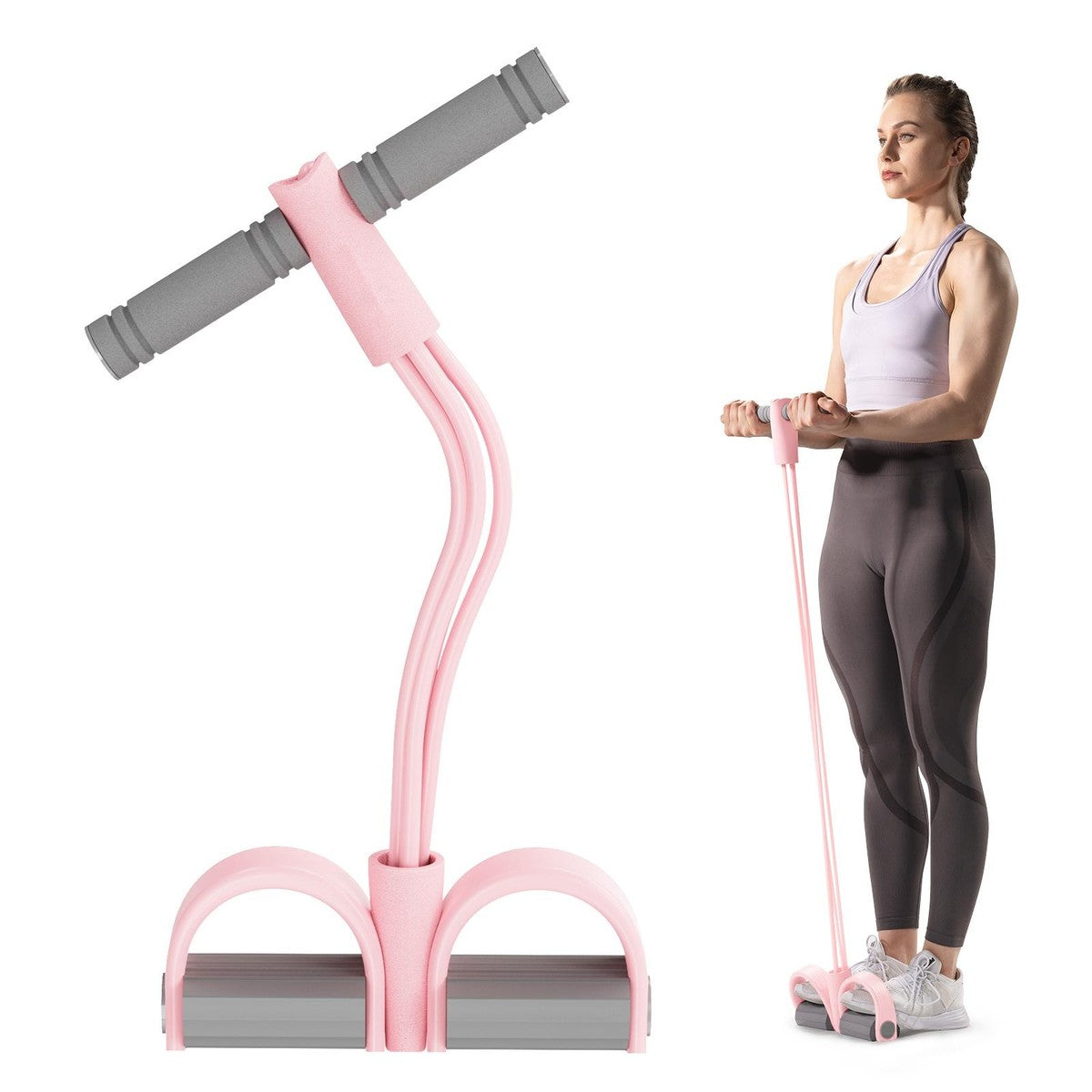The pink Pomence Pedal Resistance Band beside a woman standing on its pedals and pulling the handles up