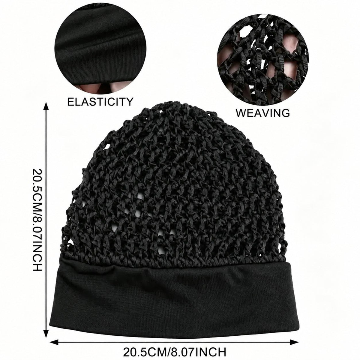 Pomence™ Stretchy Sleeping Bonnet Set (3 Pieces): the stretch band and the crochet weave, 20.5cm across and tall