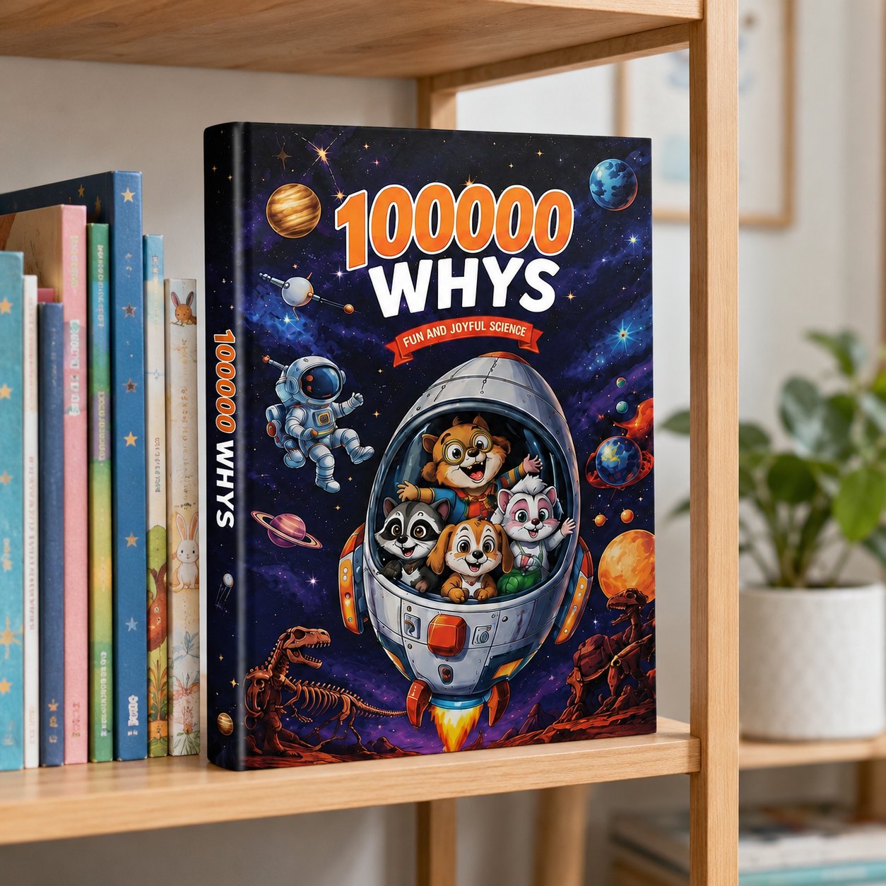 The Pomence Ultimate Encyclopedia of Whys standing on a bookshelf among other children's books