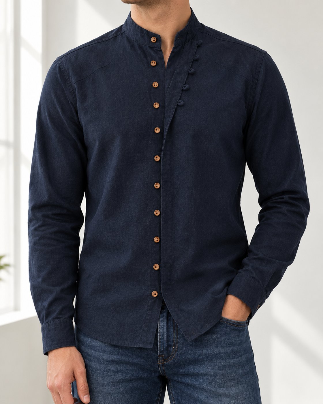 Pomence™ Soft-Touch Band Collar Shirt