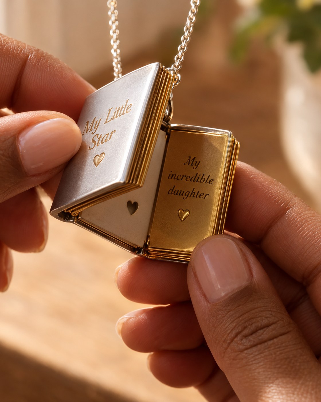 Two hands lifting the cover of the Pomence My Little Star Book Locket Necklace on its hinge