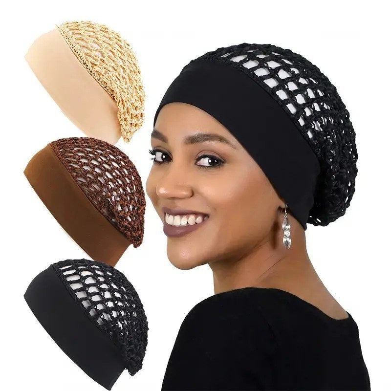 The Pomence Stretchy Sleeping Bonnet Set in black, khaki and coffee, with the black one worn
