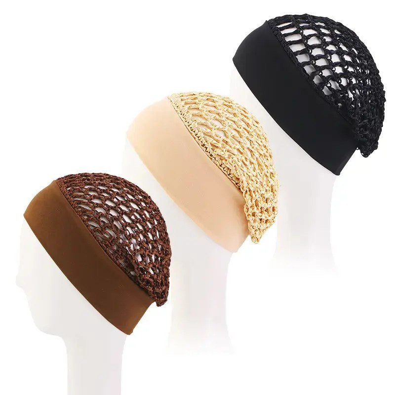 The three Pomence sleeping bonnets showing the wide stretch band and the open crochet crown