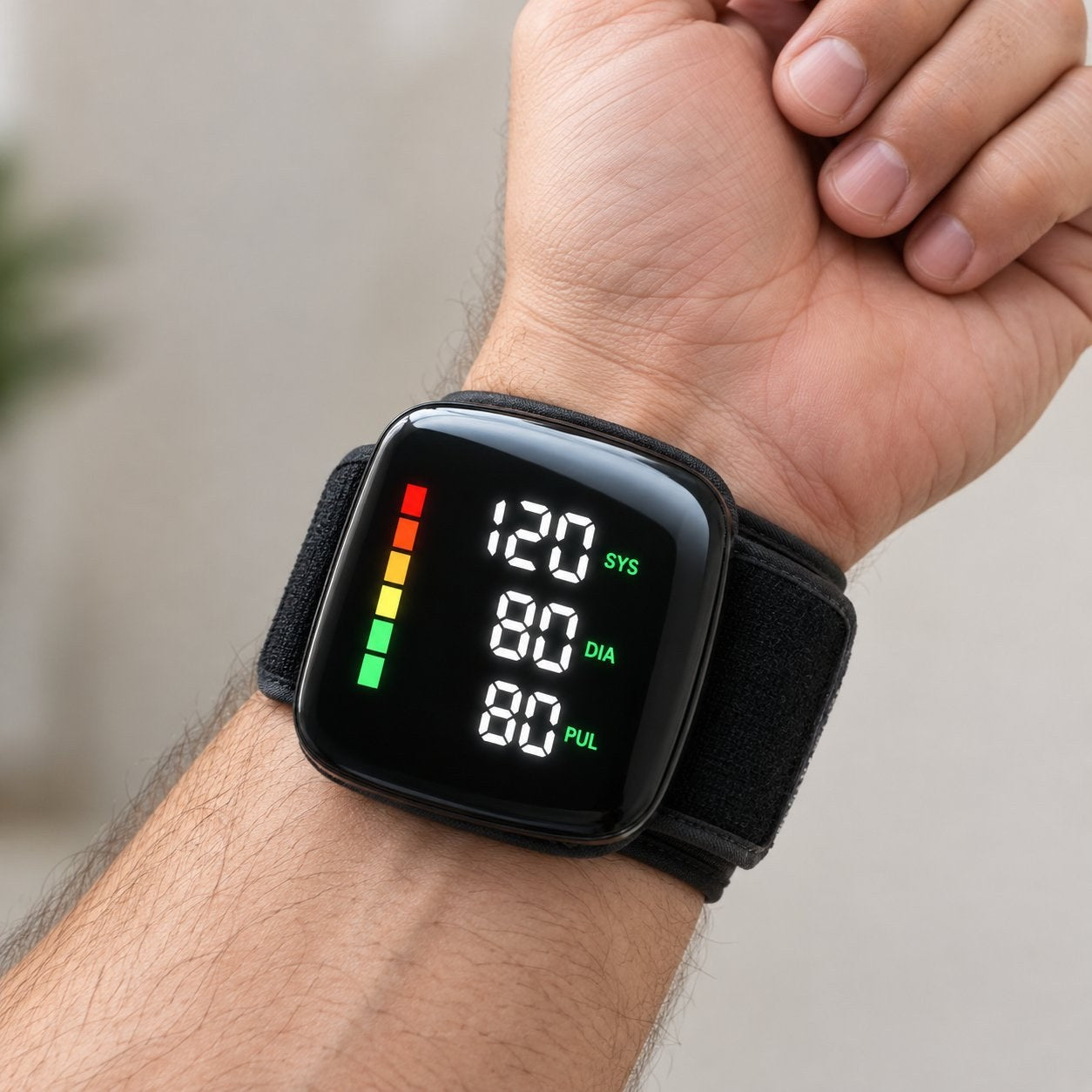 An adult man wearing the black Pomence wrist blood pressure monitor, wrist raised at chest height, the LED screen lit