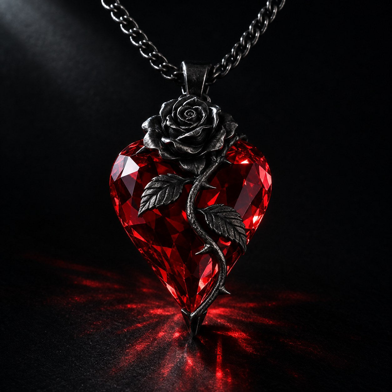 Macro detail of the sculpted dark gunmetal rose at the top of the faceted red heart of the Pomence Blood Rose Necklace