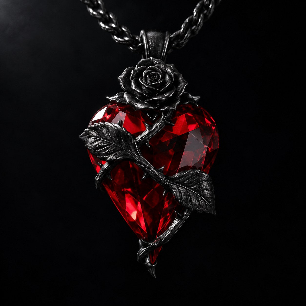 Macro detail of the thorned stem and two leaves crossing the face of the Pomence Blood Rose Necklace
