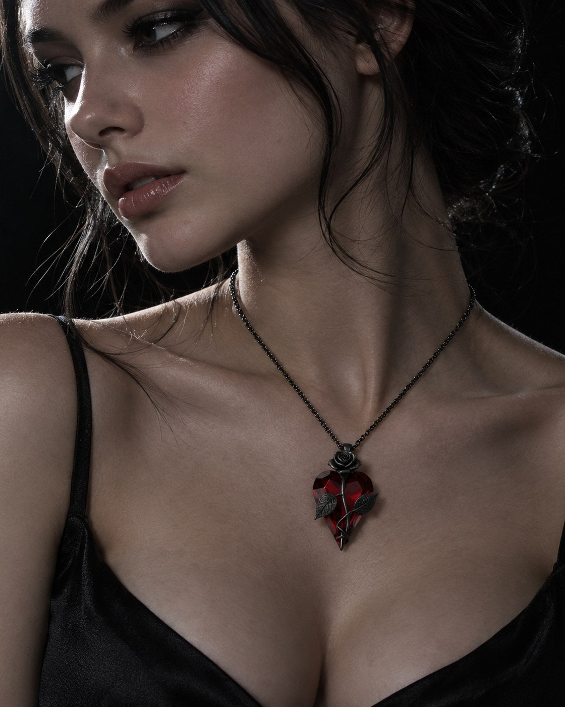 The Pomence Blood Rose Necklace worn at the collarbone, seen from the side in low directional light