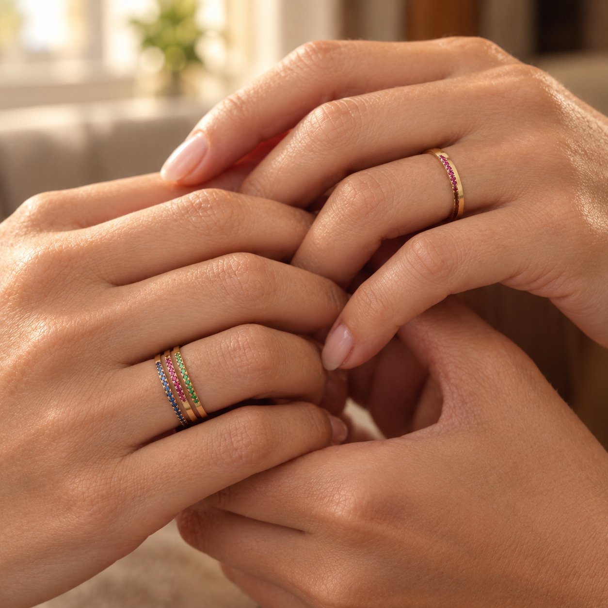 Side view of the thin flat profiled Pomence Birthstone Stacking Ring band showing how low it sits on the finger