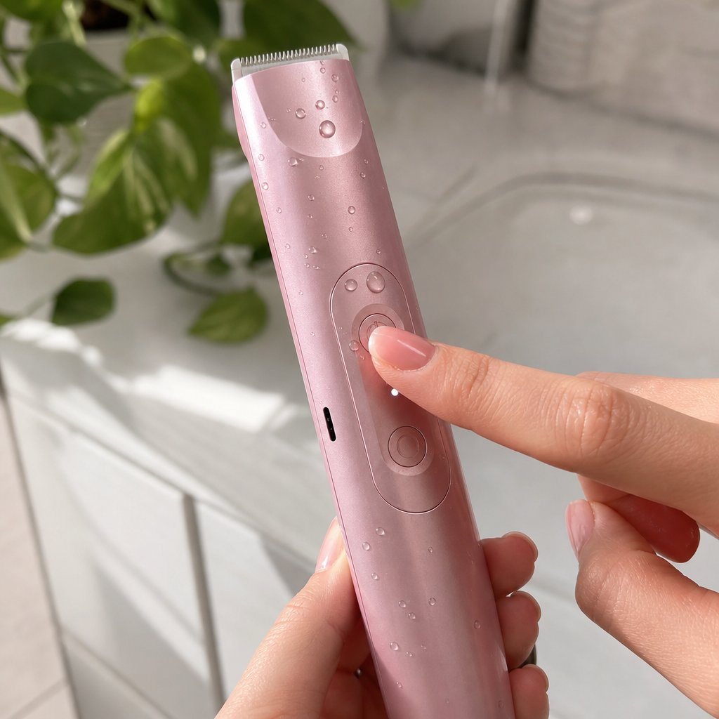 A finger pressing the power button of the Pomence 2-in-1 Bikini Trimmer with water droplets on it