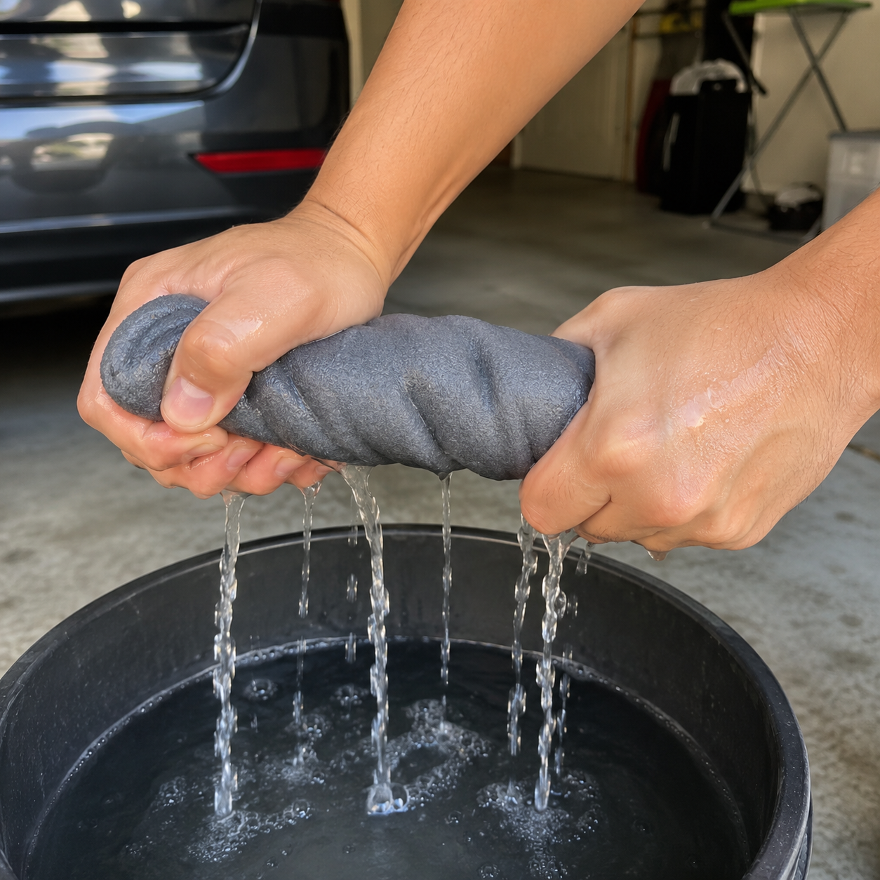 Car Cloth being rinsed out over a bucket