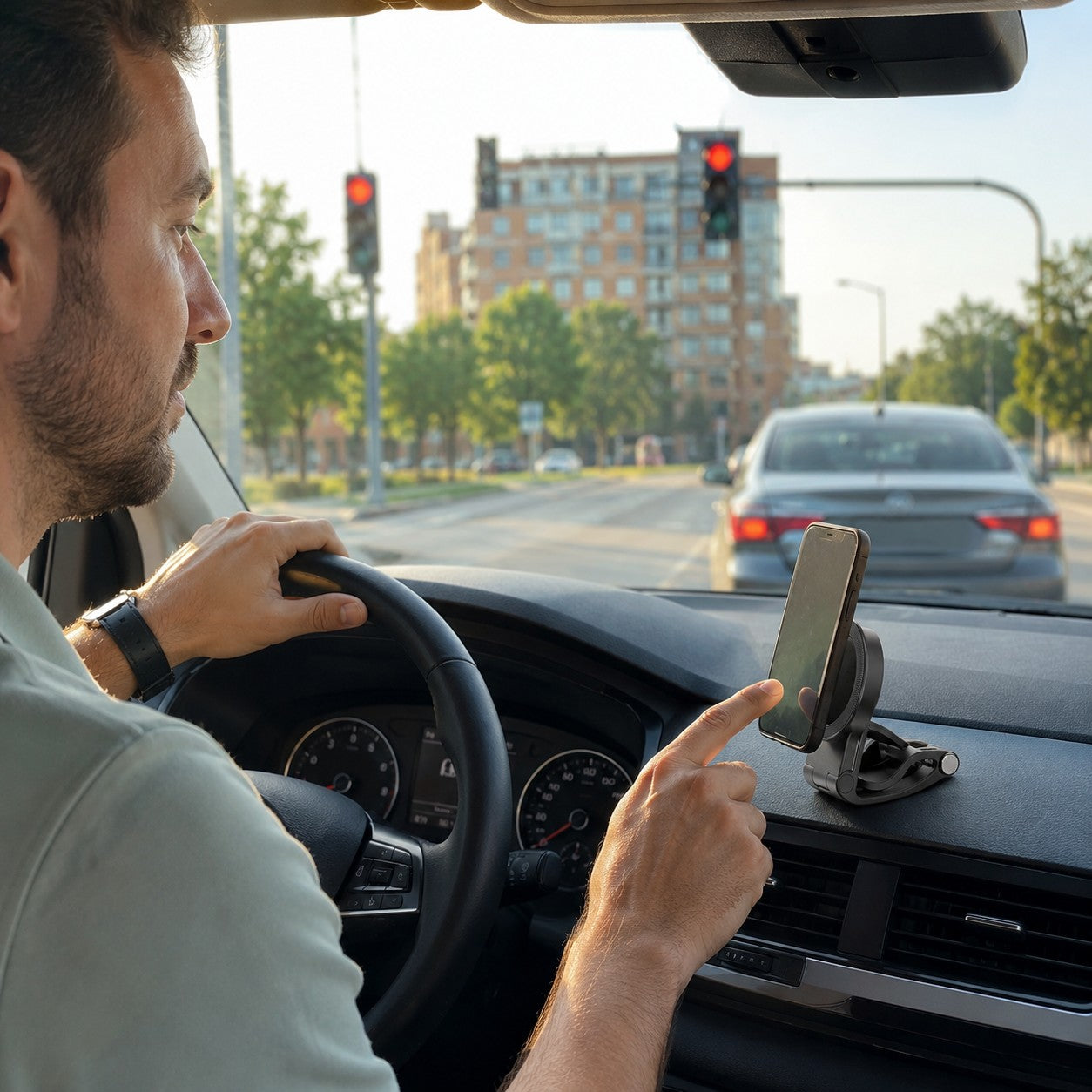 Driver confidently glancing at a phone secured on the Magnetic Car Phone Mount