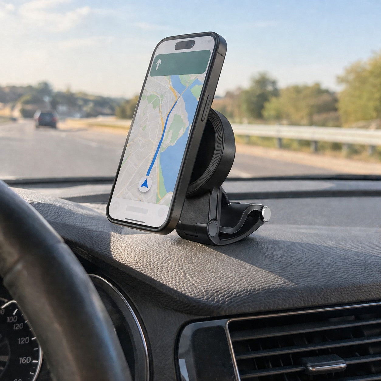Magnetic Car Phone Mount clipped onto a car dashboard holding a phone