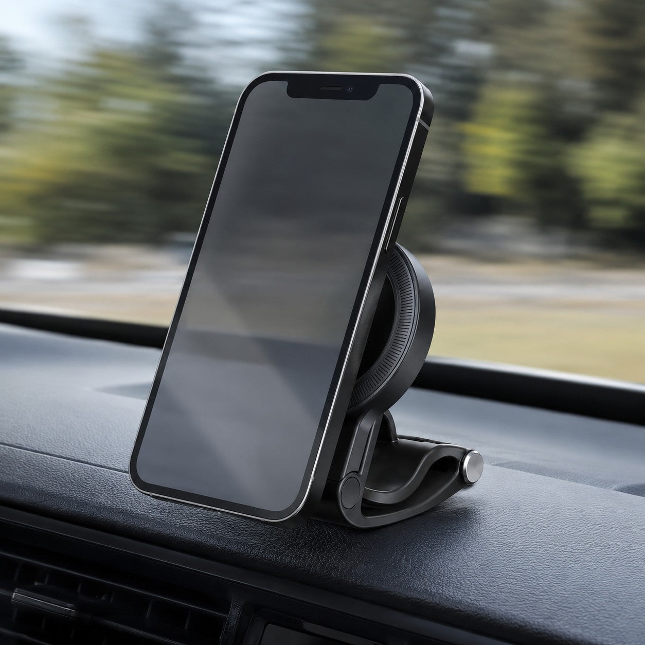 Phone held firmly on the Magnetic Car Phone Mount while driving on a bumpy road