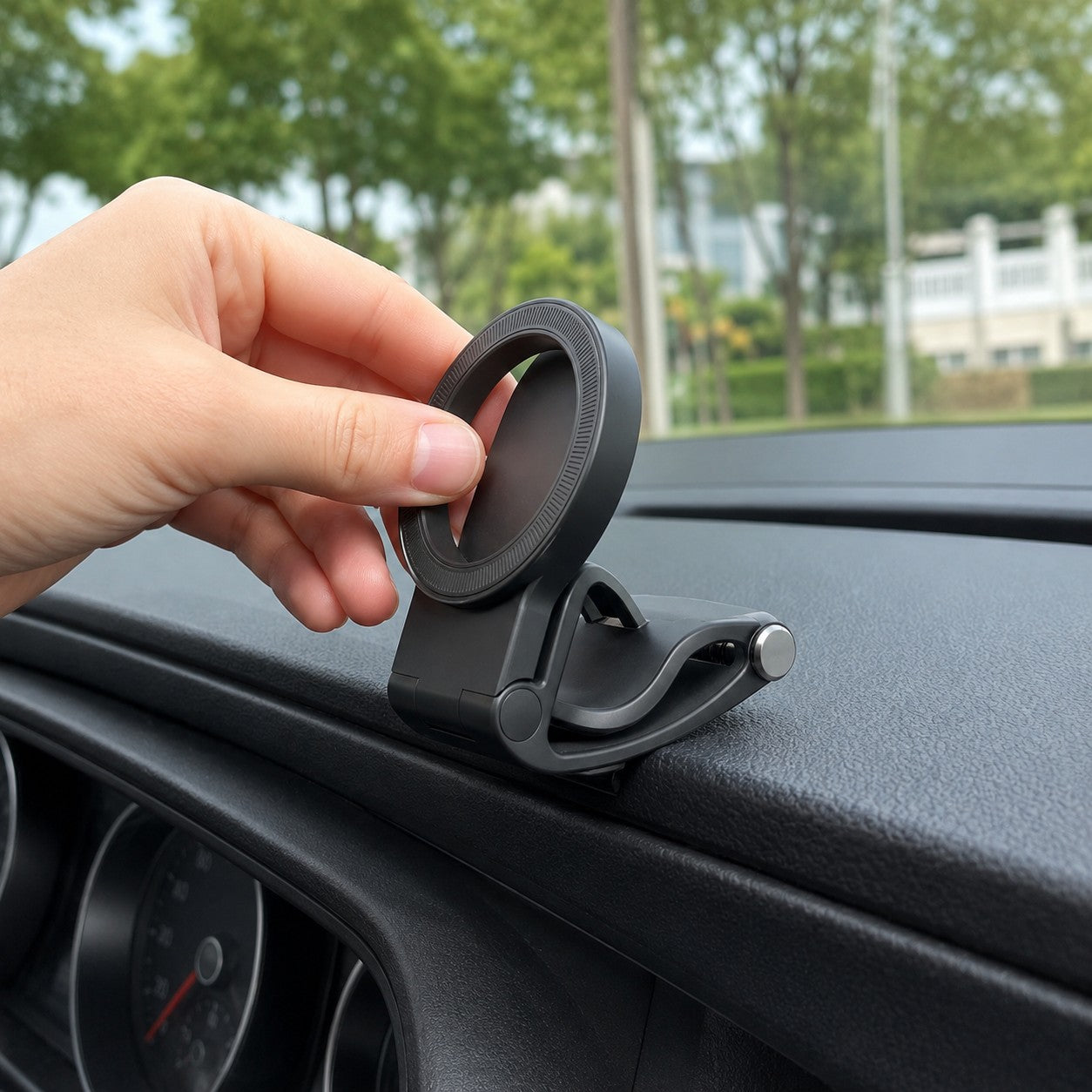 Hand clipping the Magnetic Car Phone Mount onto a dashboard edge