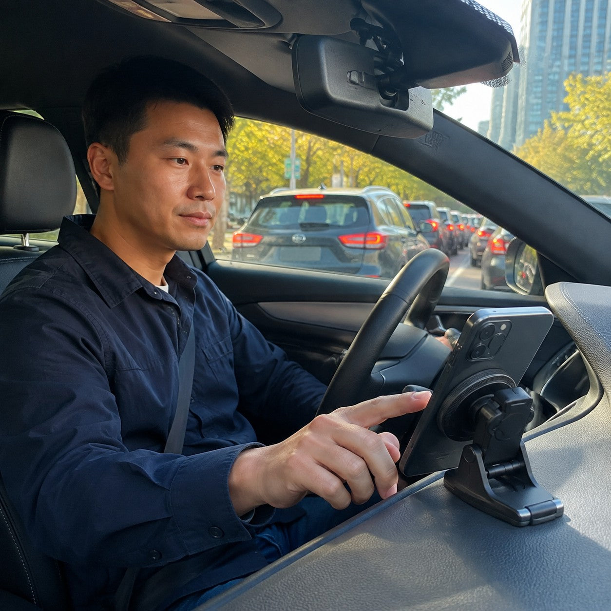 Driver glancing at a phone mounted on the dashboard in traffic