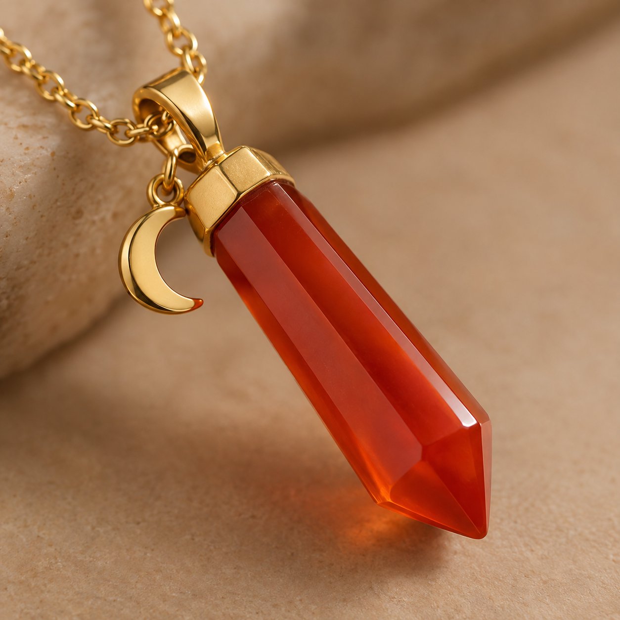 Macro of the hexagonal carnelian point pendant showing the polished translucent stone