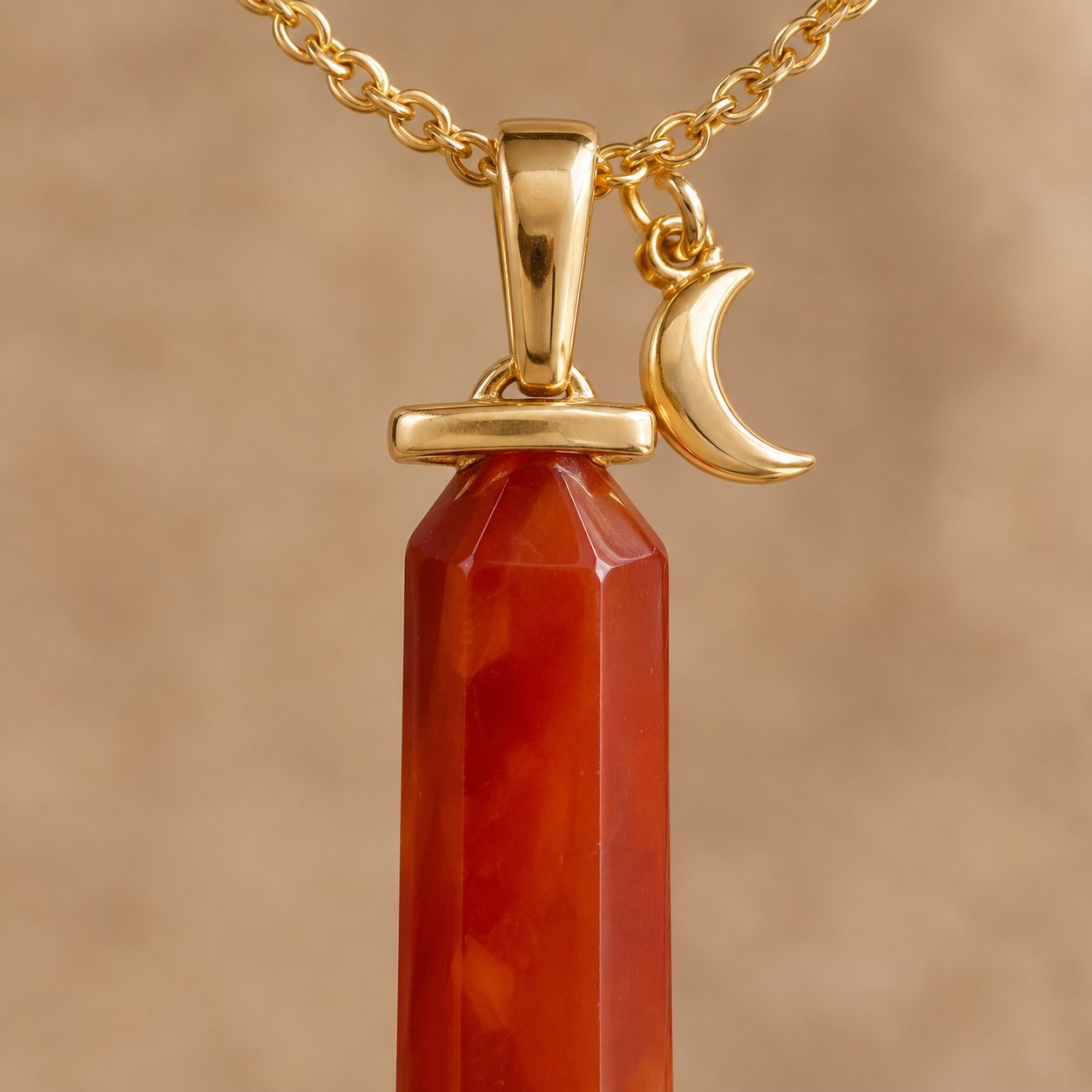 Macro of the slim bail and its single cross-bar gripping the crown of the carnelian point