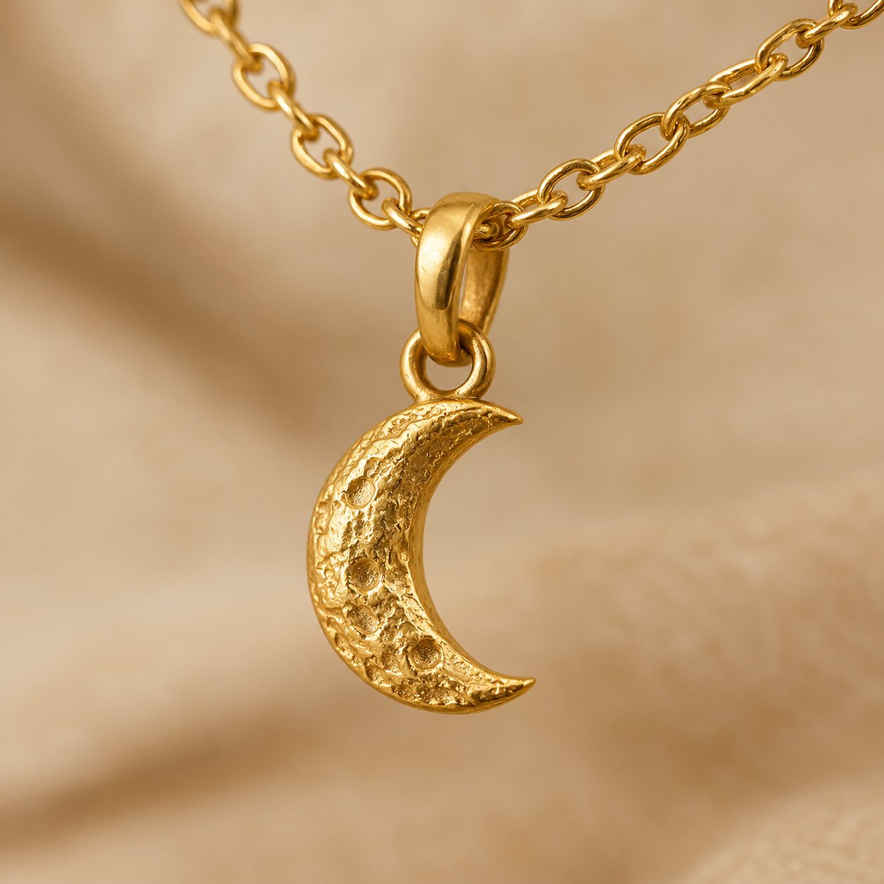 Macro of the small crescent moon charm on the shorter second chain