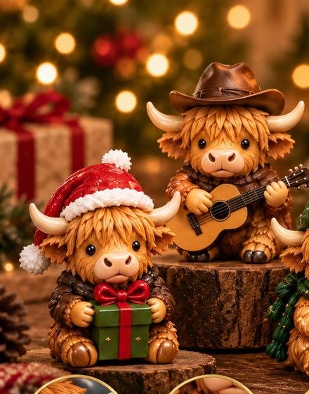 Highland cow advent calendar figurines dressed for the holidays
