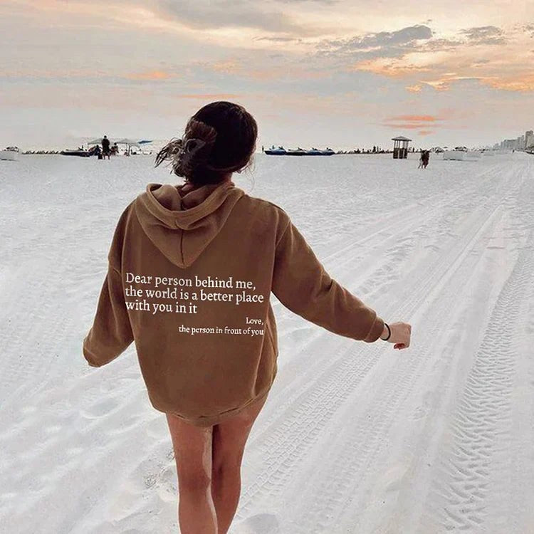 Dear Person Behind Me sweatshirt in khaki on the sand