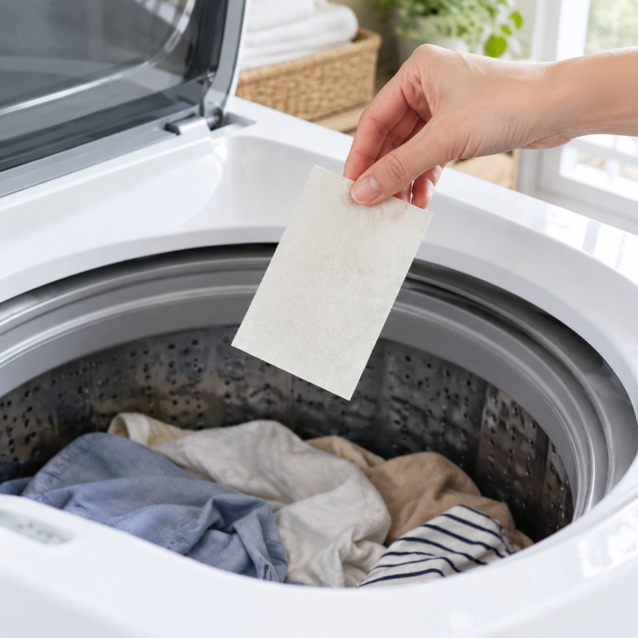Dropping a Pomence Laundry Detergent Sheet into a top-loading washing machine