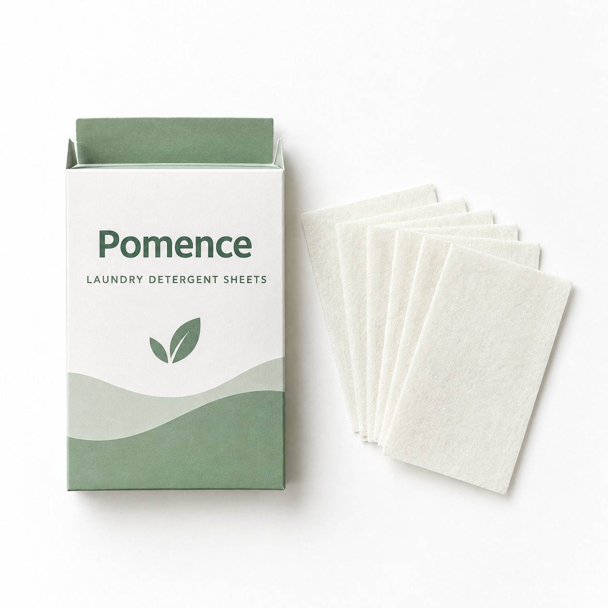 What's in the box: a Pomence Laundry Detergent Sheets pack and a fanned stack of sheets