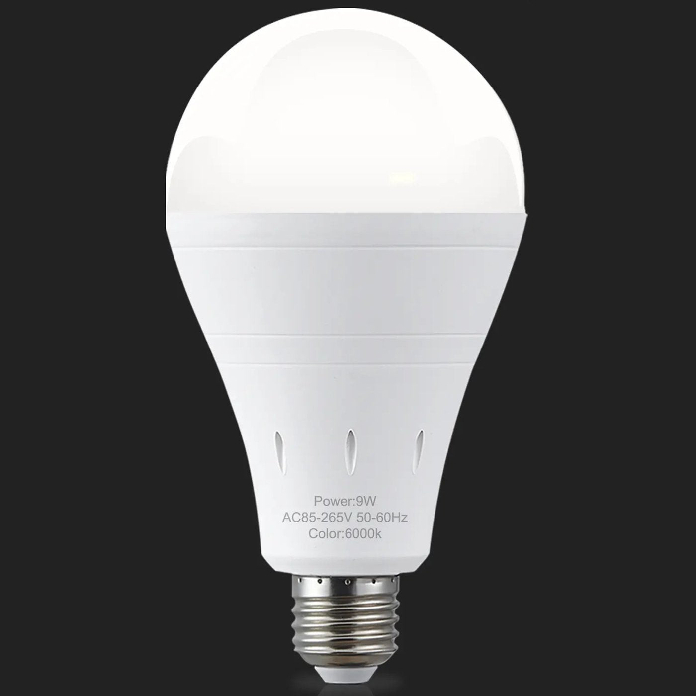 One white Pomence rechargeable emergency LED light bulb on a dark background