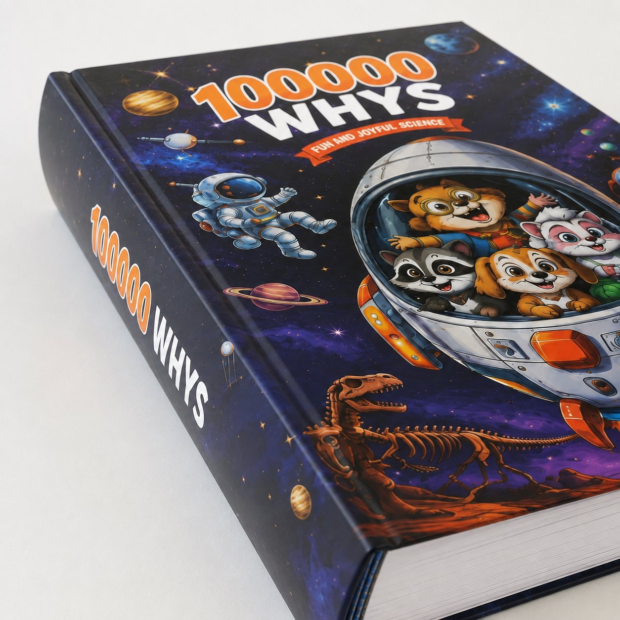 Close-up of the sturdy hardcover and spine of the Pomence Ultimate Encyclopedia of Whys