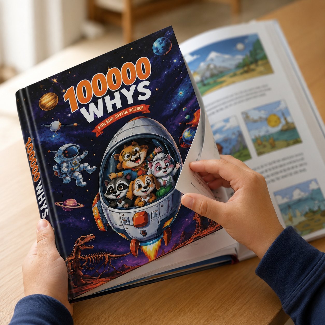 A child's hands turning a page of the Pomence Ultimate Encyclopedia of Whys