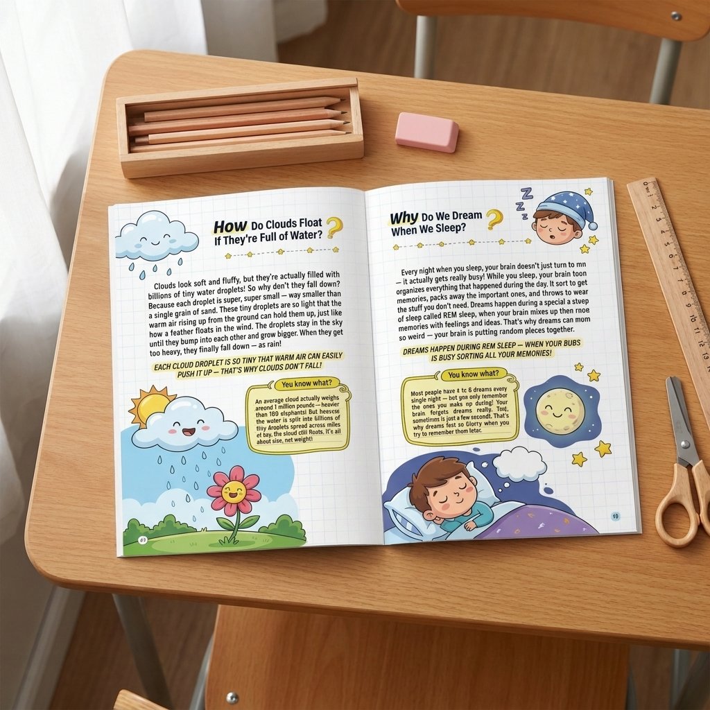 Pomence Ultimate Encyclopedia of Whys open on a desk, showing an illustrated two-page spread