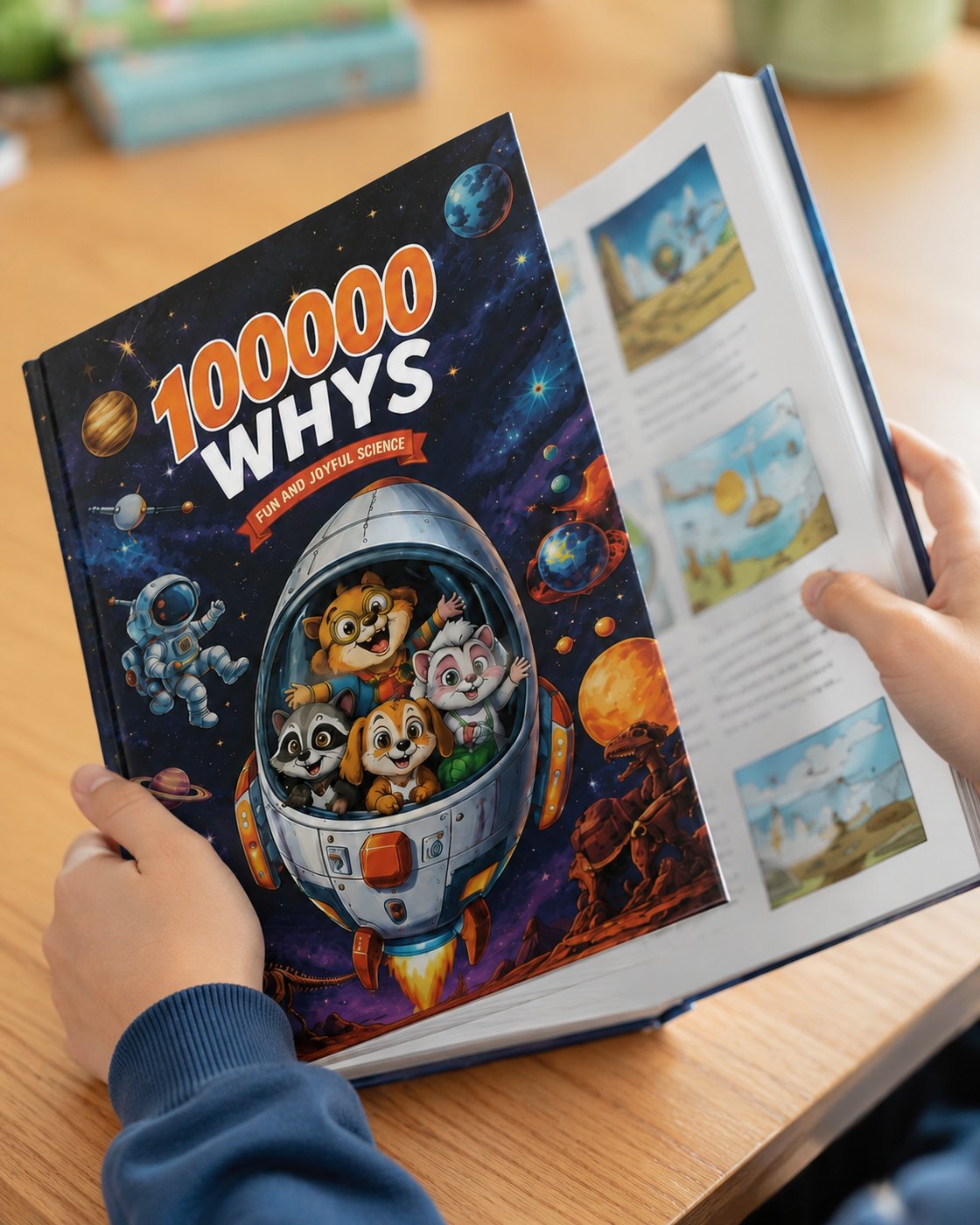Hands opening the Pomence Ultimate Encyclopedia of Whys to a page