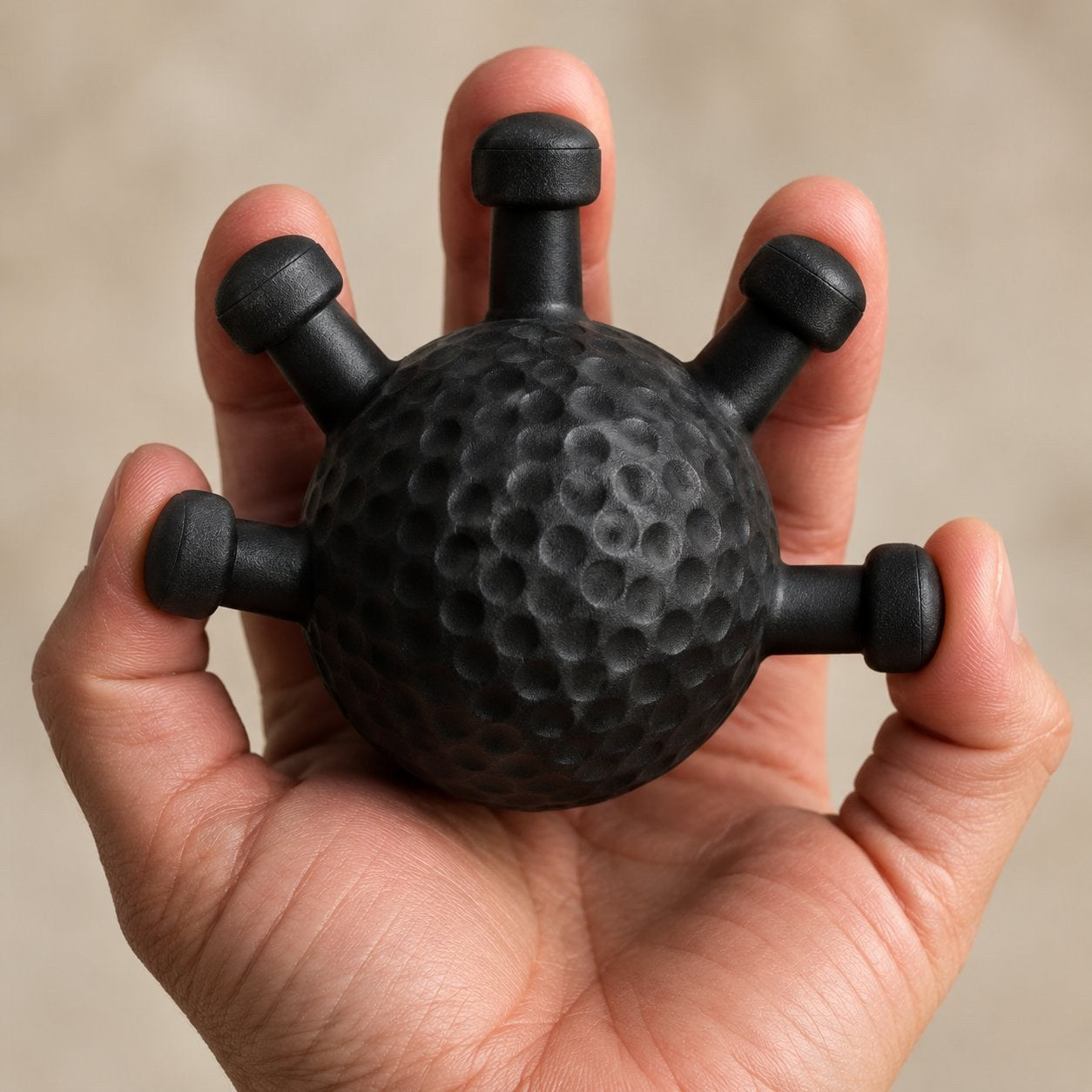 Macro of the round dimples across the matte black surface of the Pomence Forearm Grip Trainer Ball