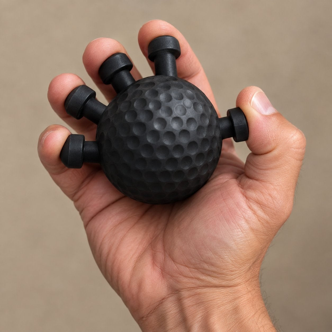 Macro of one adult fingertip hooked over a single capped peg on the Pomence Forearm Grip Trainer Ball