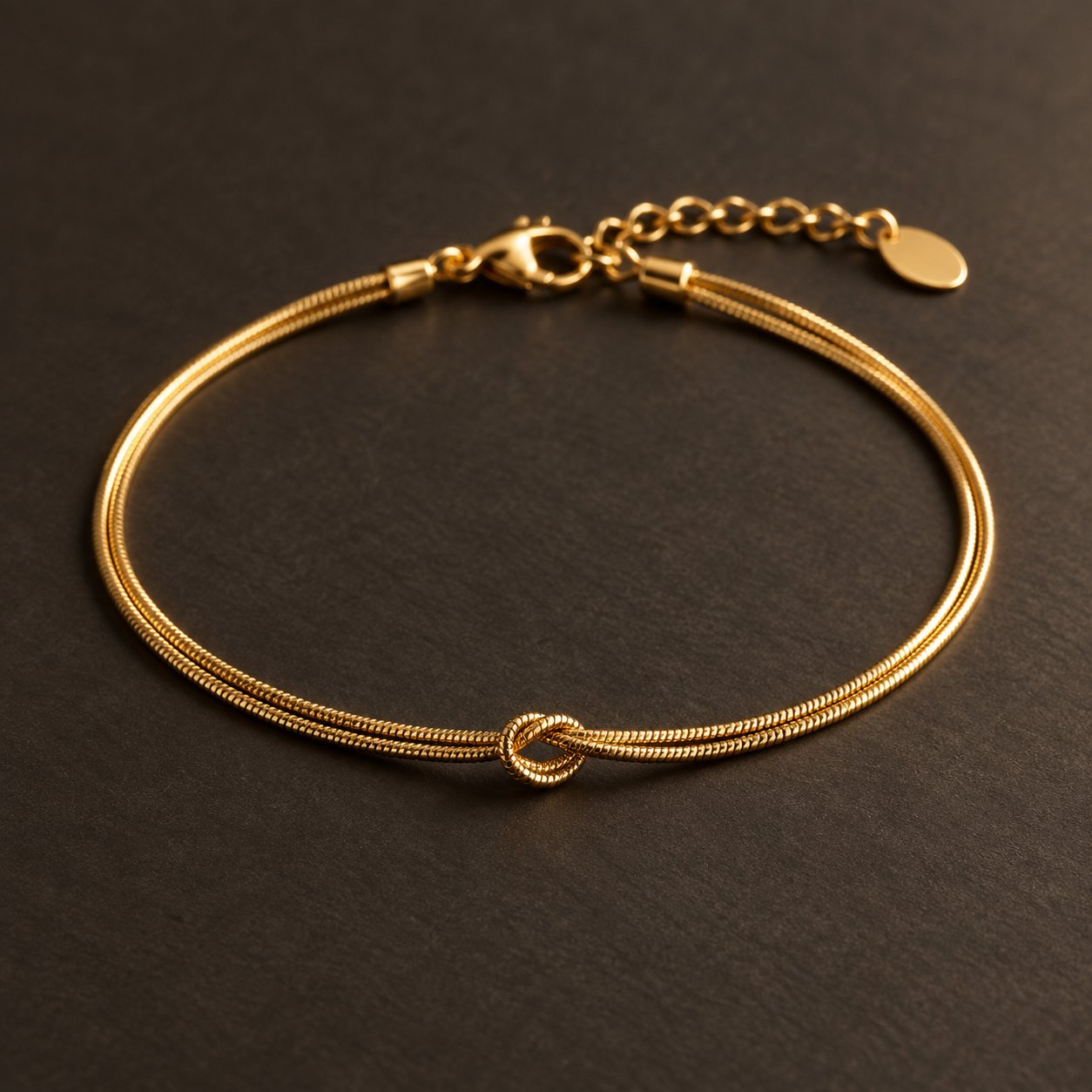 The Pomence Forever Knot Bracelet laid out on a dark ground showing the two strands, the one knot and the clasp