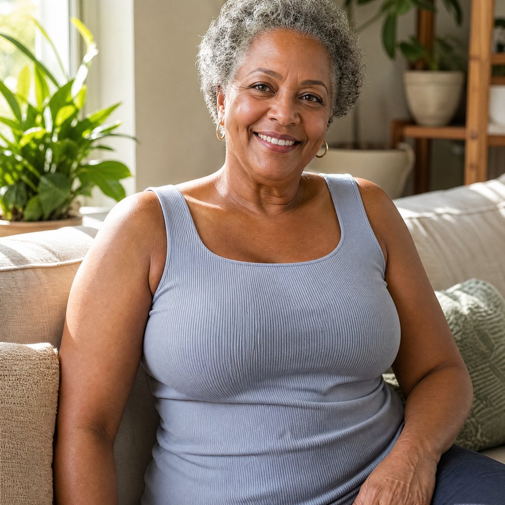 A smiling woman on a sofa wearing the Pomence Front-Support Bra Tank in Blue