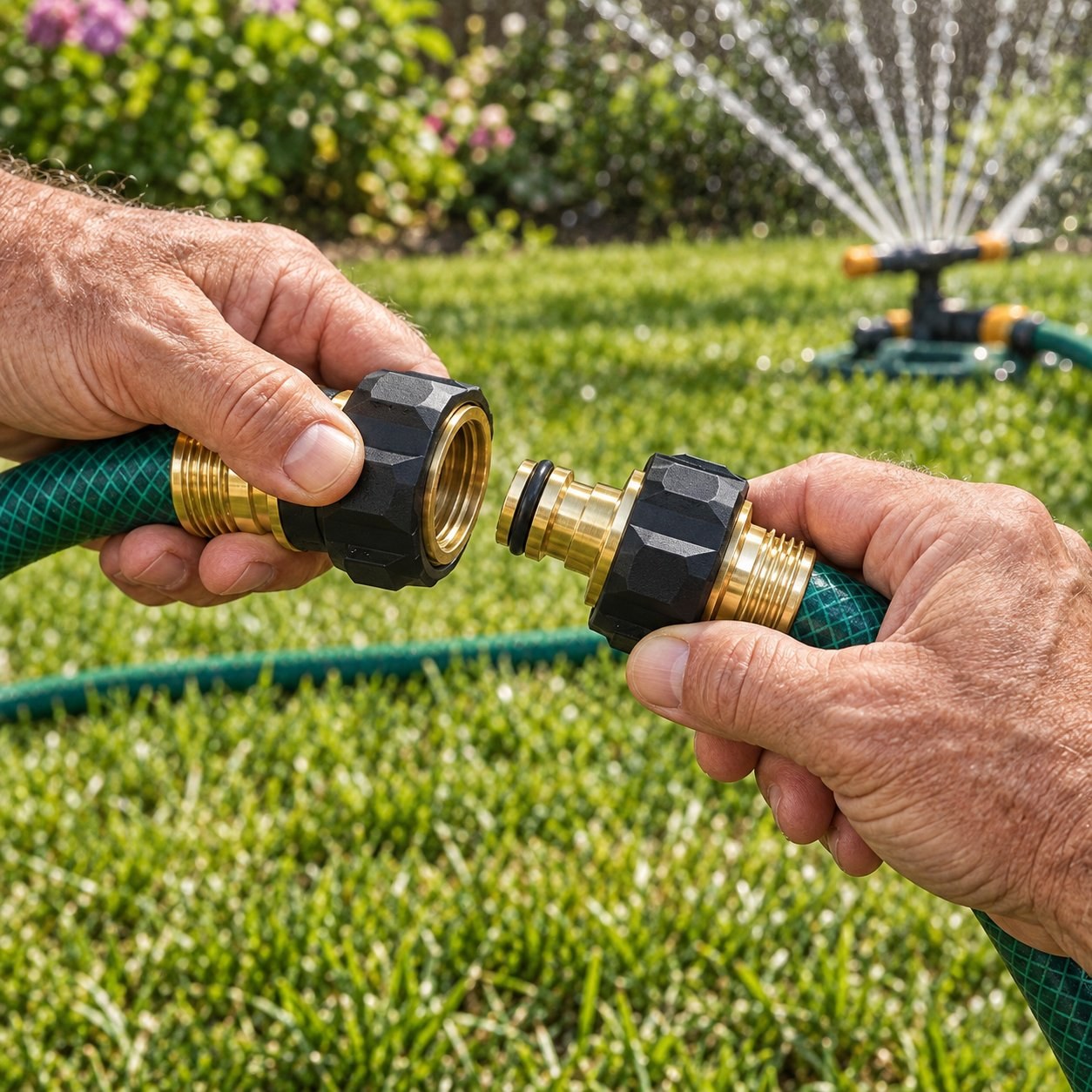 The female socket screwed onto a garden hose with the male plug ready to click in.